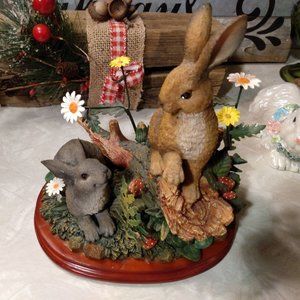 Vintage Bunny Rabbits Hare Figure Figurine Wood Base Easter